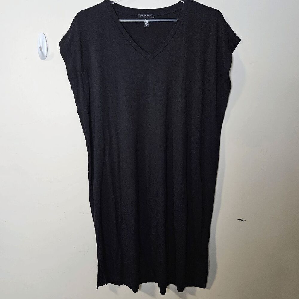 Eileen Fisher Cap Sleeve TShirt Stretch Midi Dress Womens Black Size Small Petit
